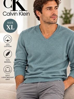 Calvin Klein V-Neck Sweater in Dusty Teal Blue
